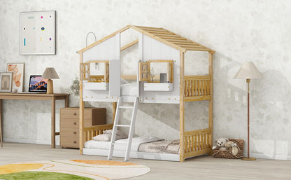 House bunk bed with roof, windows, door, two bunks, natural wood frame with white panels, ladder on Tampa Home & Garden Store