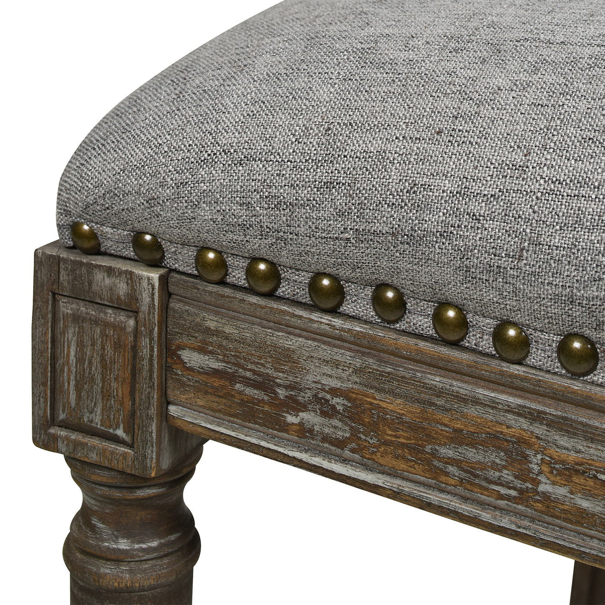 Rattan wicker high-back counter stool with gray fabric cushion, brass nailhead trim, oak frame on Tampa Home & Garden Store