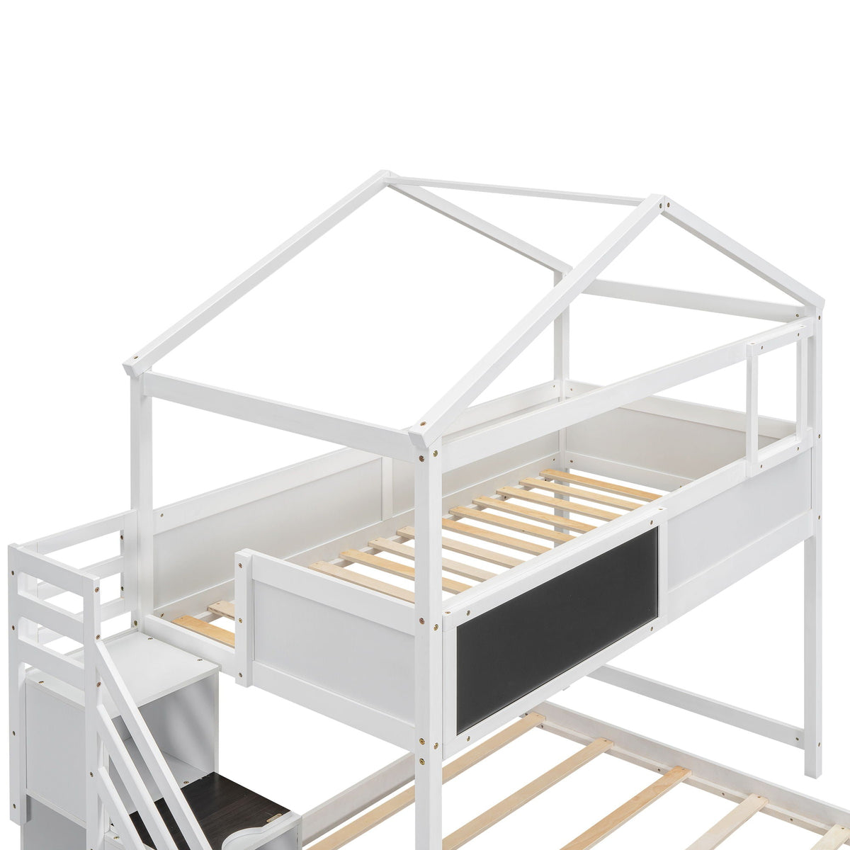 House Style bunk bed by HouseOfZazla with storage staircase and board, white frame on Tampa Home & Garden Store