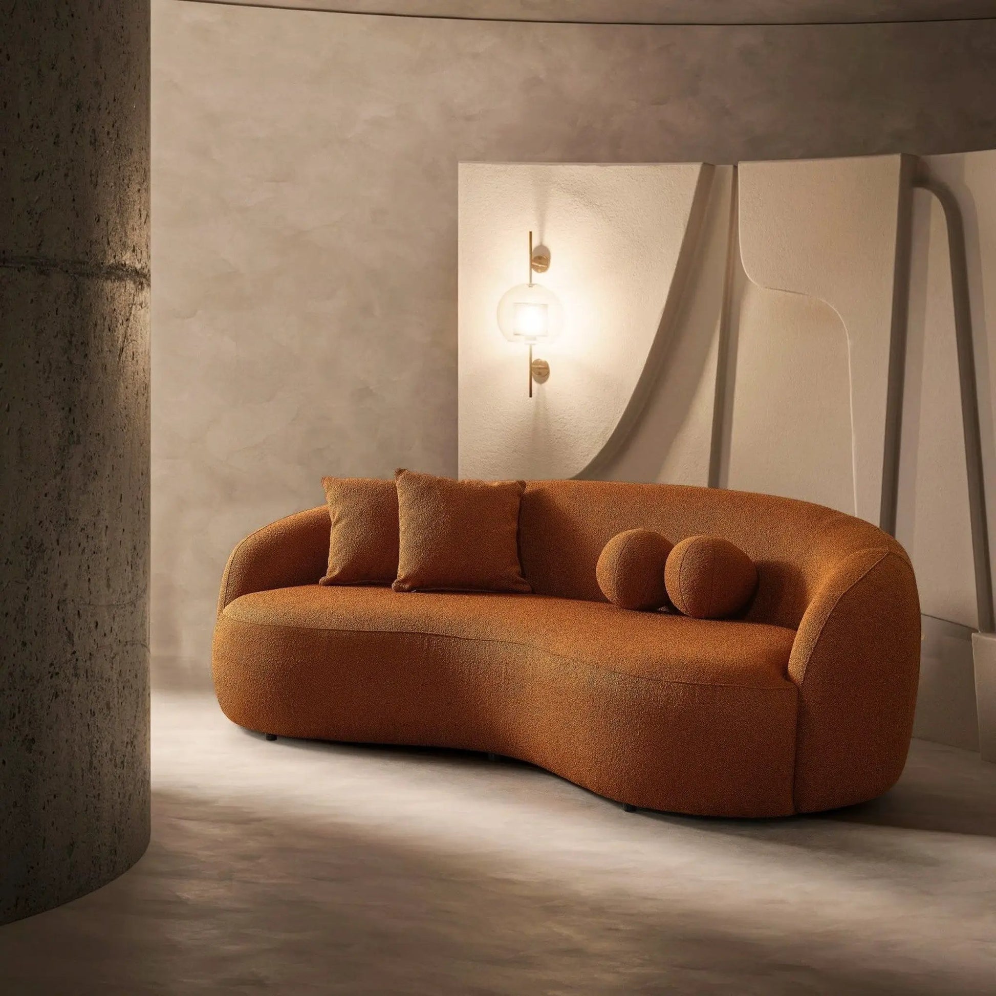 Drake Japandi style curvy boucle sofa in warm orange fabric with rounded arms and cushions on Tampa Home & Garden Store