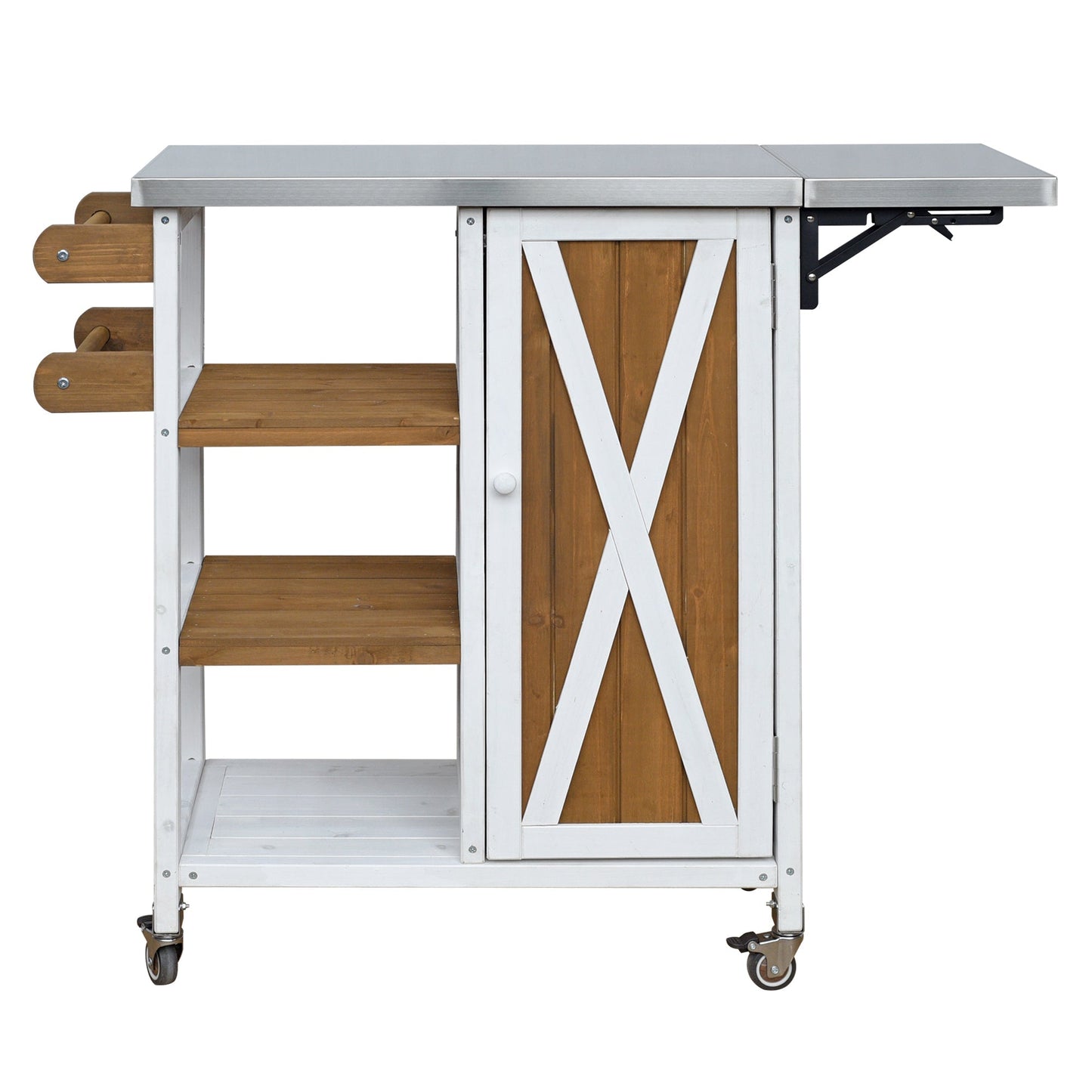 Foldable kitchen island with stainless top, white frame, wood shelves, wheels on Tampa Home & Garden Store