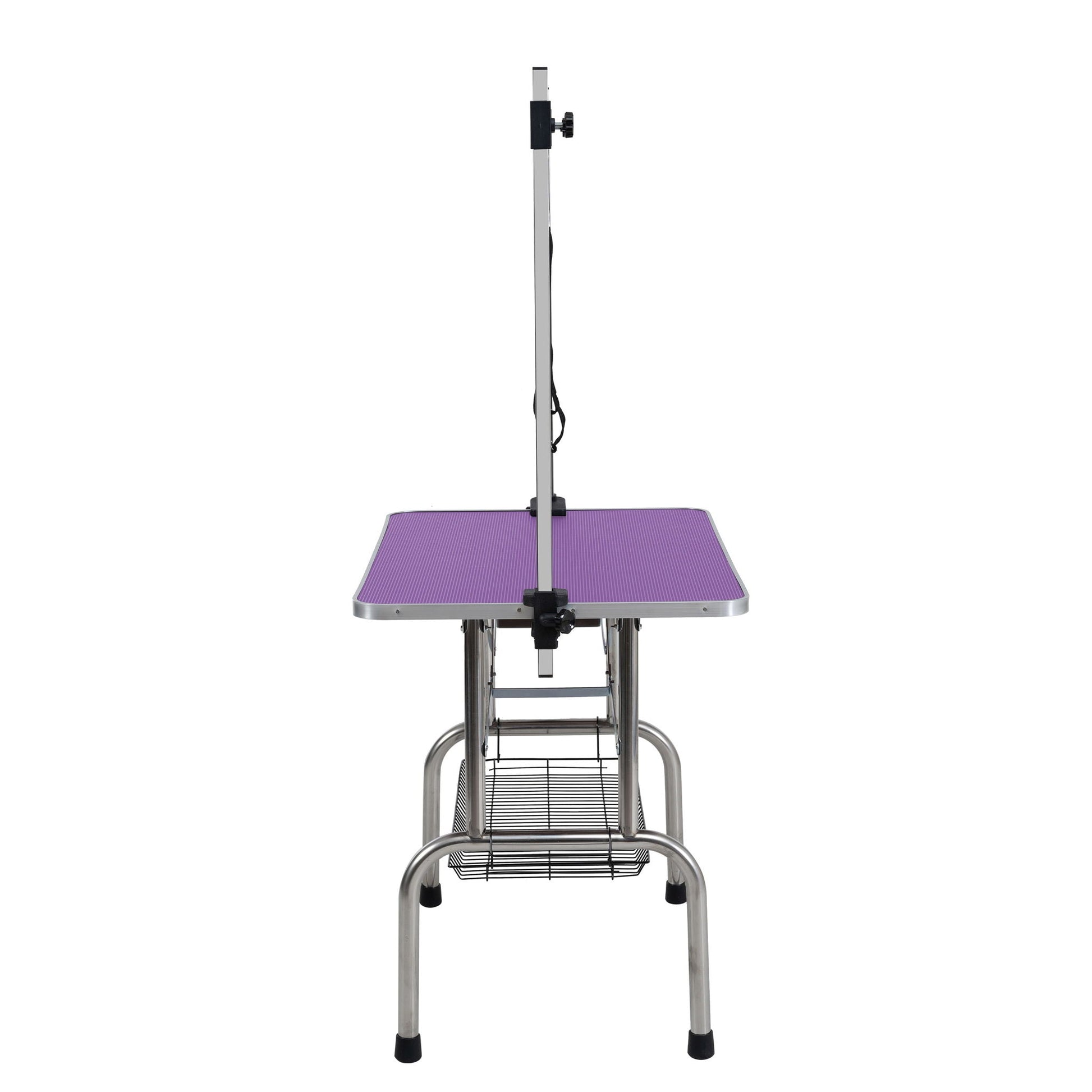 Folding dog grooming table with stainless steel frame, purple rubber mat, adjustable arm on Tampa Home & Garden Store