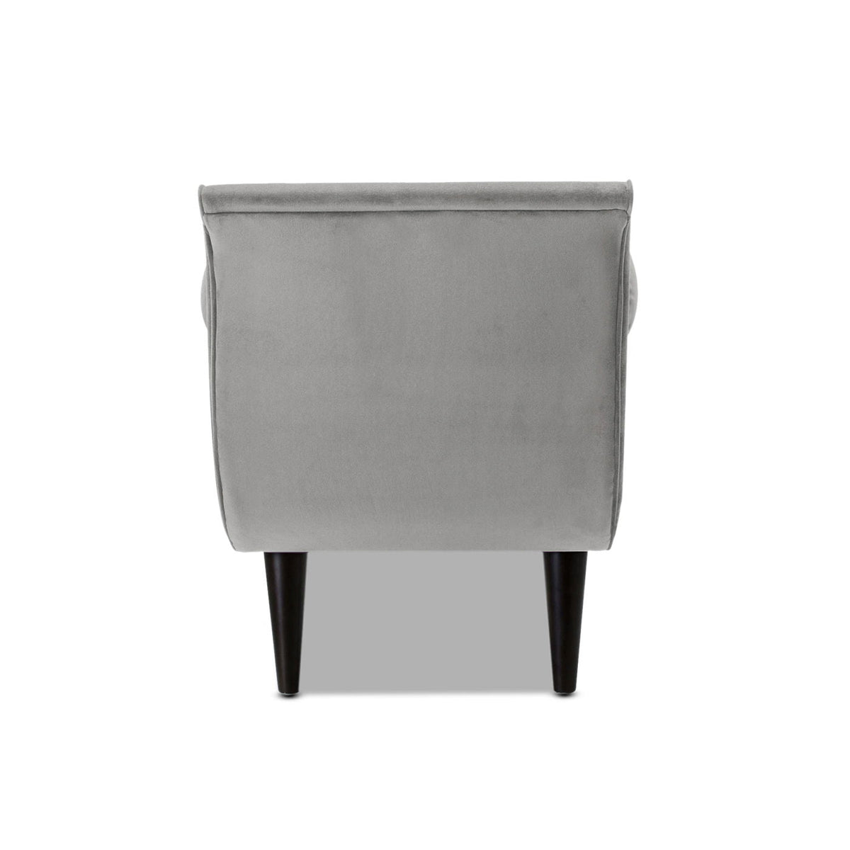 Tufted entryway bench in gray velvet with flared arms and dark tapered legs on Tampa Home & Garden Store