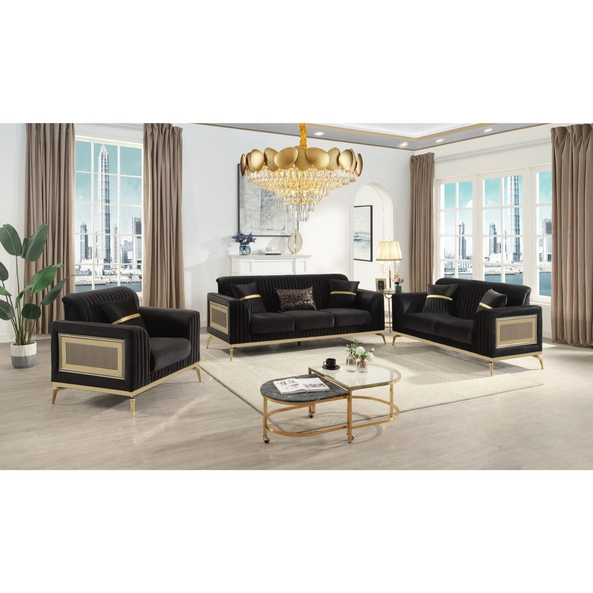 Antigua 2 Piece Living Room Set by HouseOfZazla in black velvet with plush cushions and gold accents on Tampa Home & Garden Store