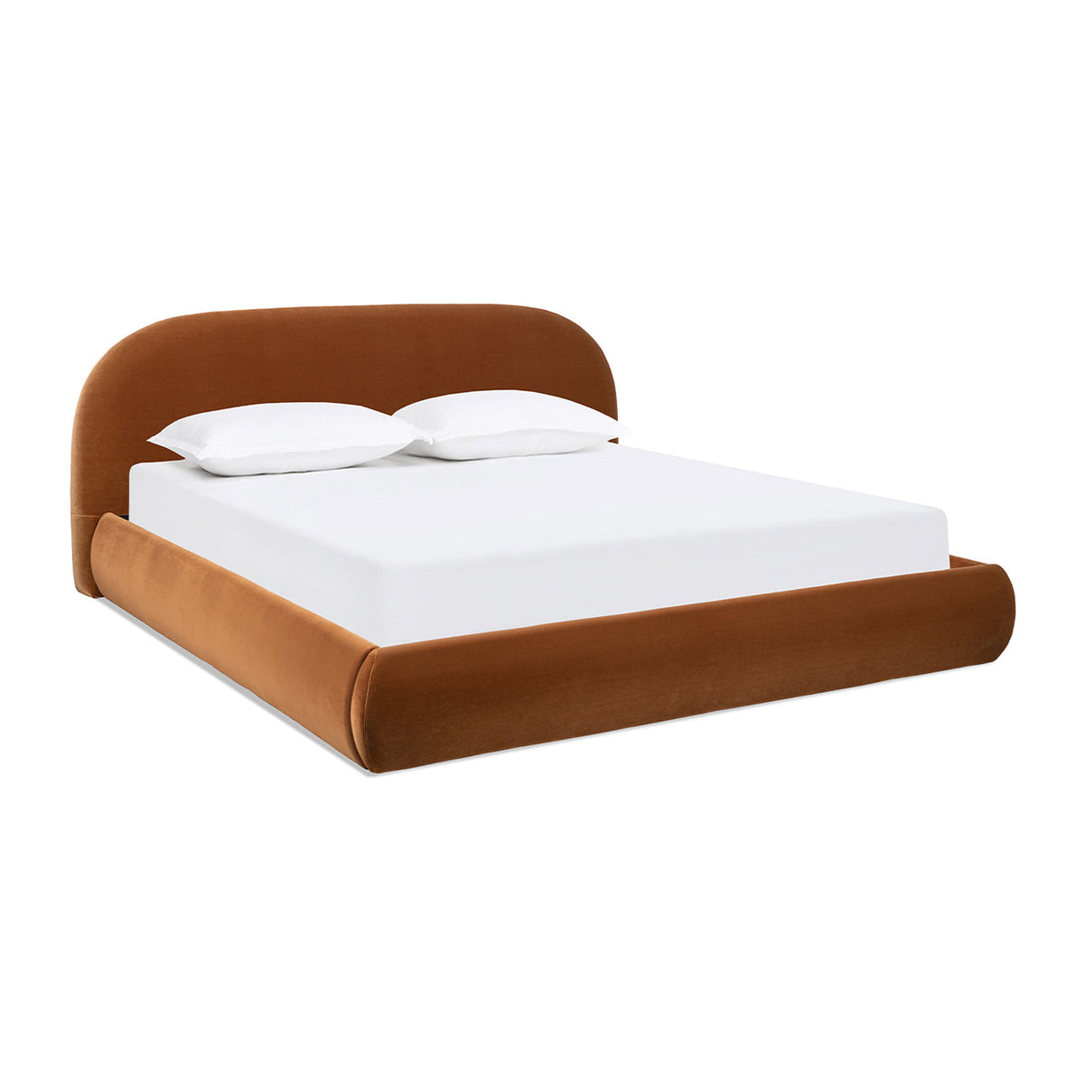 Archie Puffy Grounded upholstered platform bed king burnt orange velvet with curved headboard on Tampa Home & Garden Store