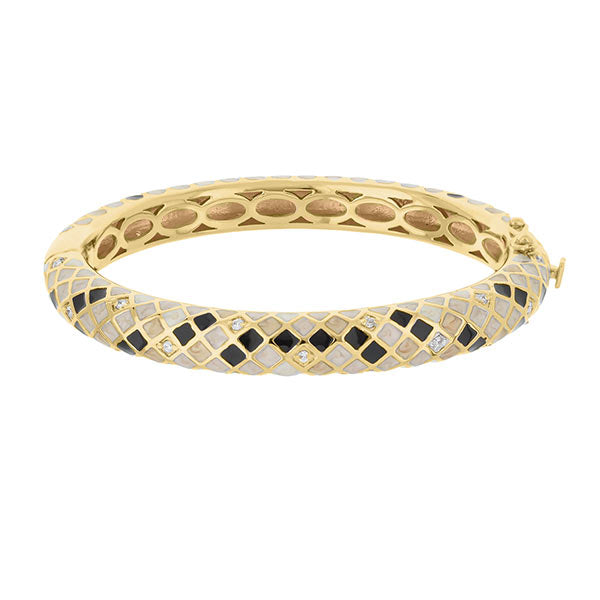 Checker Chic Bangle Slim Diamond Check, gold-tone hinged bracelet, black enamel on Tampa Home & Garden Store