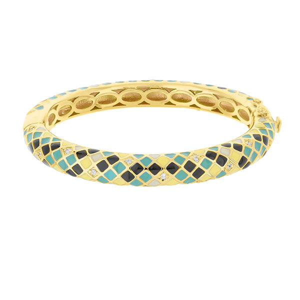 Checker Chic Bangle — Slim Diamond Check, gold-tone hinged bracelet with turquoise squares on Tampa Home & Garden Store