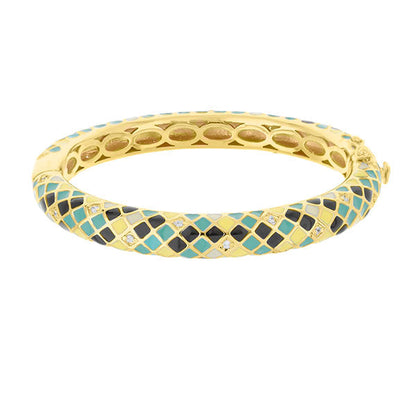 Checker Chic Bangle — Slim Diamond Check, gold-tone hinged bracelet with turquoise squares on Tampa Home & Garden Store