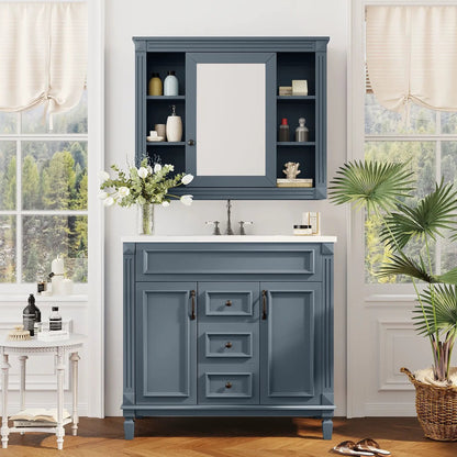Blue bathroom vanity with top sink, mirror cabinet, 2 soft-closing doors & 2 drawers by Unique Piece Furniture on Tampa Home & Garden Store