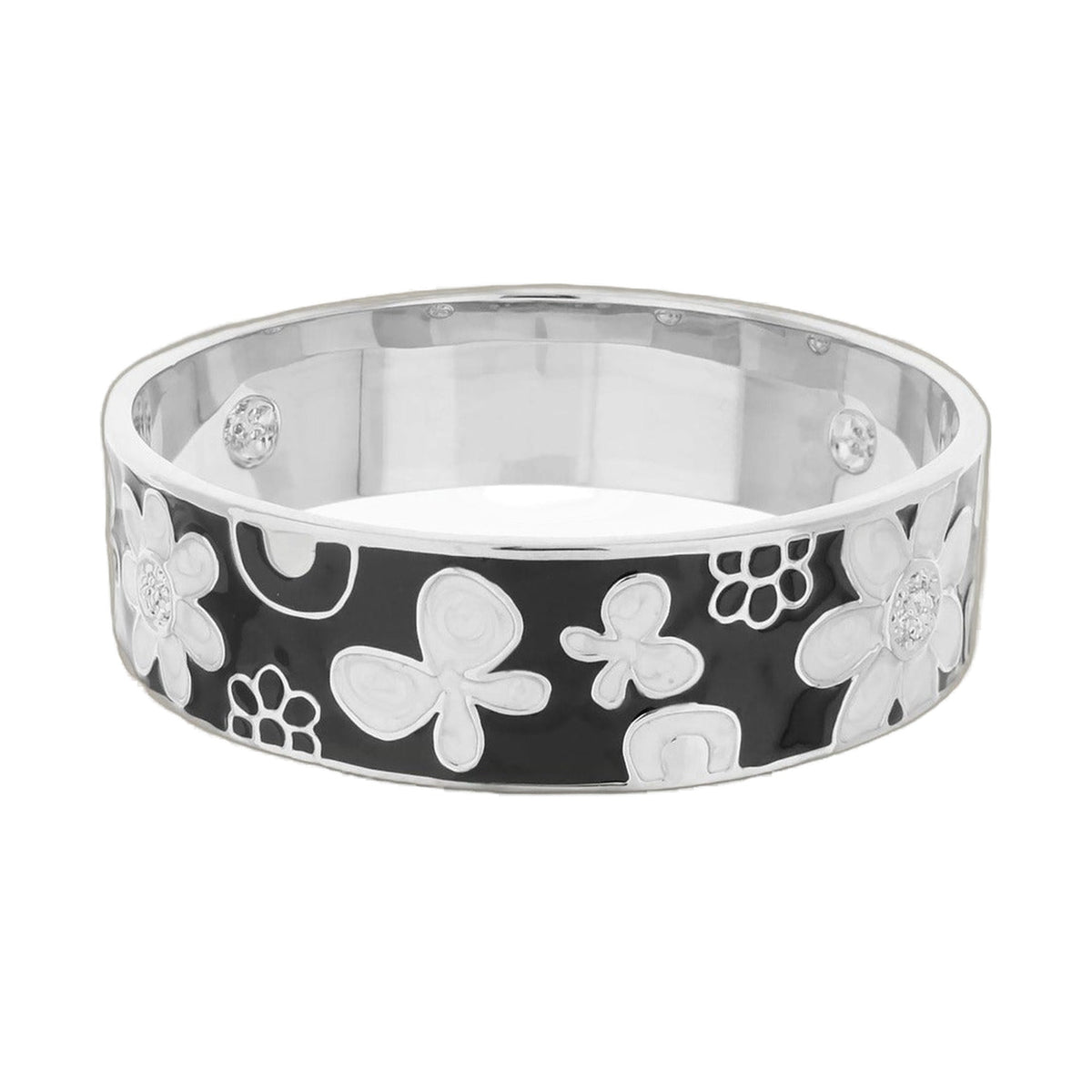Flower slip-on bangle bracelet with black band and white florals, crystal accents on Tampa Home & Garden Store