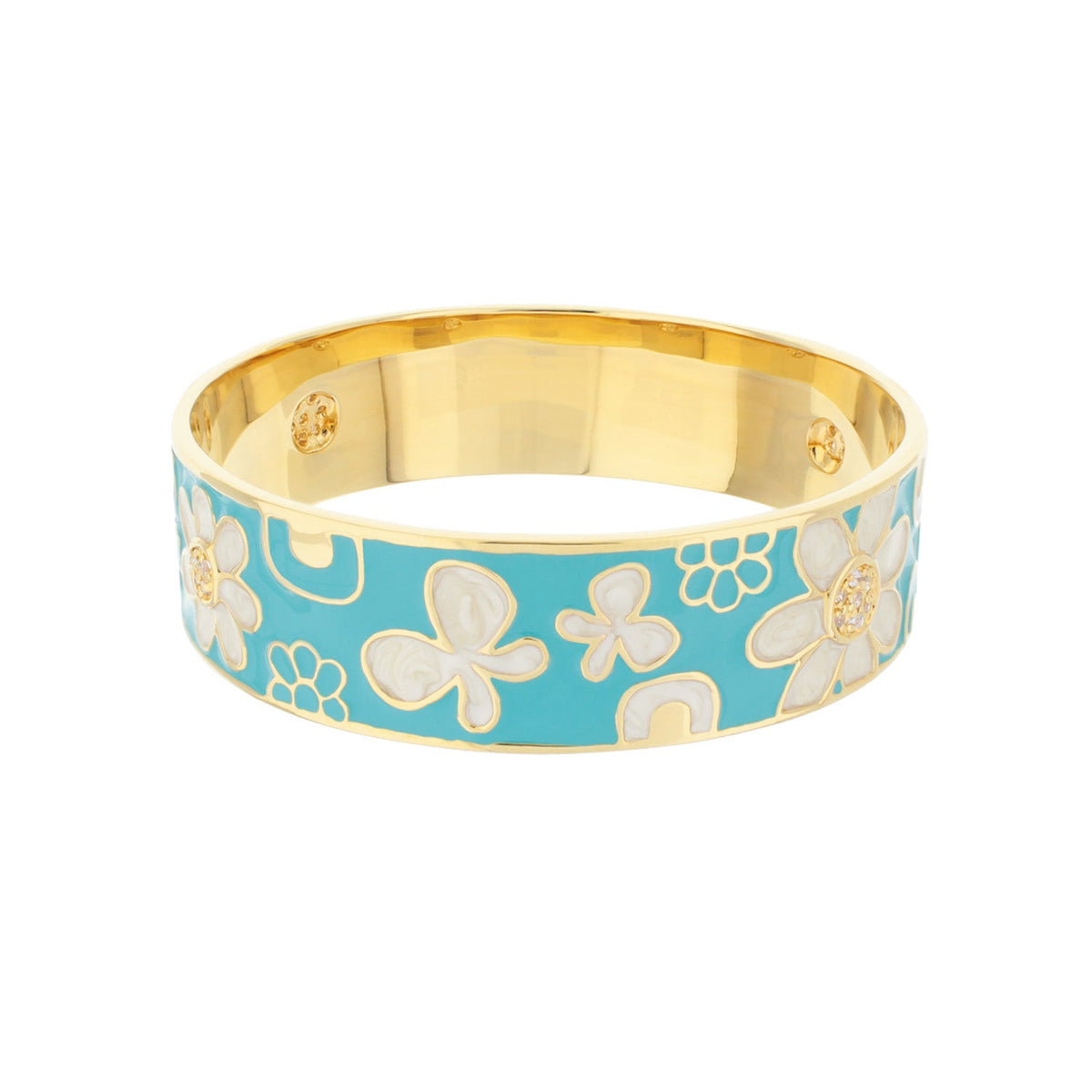 Flower Slip-On Bangle by Lauren G Adams; turquoise enamel wide gold cuff with white floral motifs on Tampa Home & Garden Store
