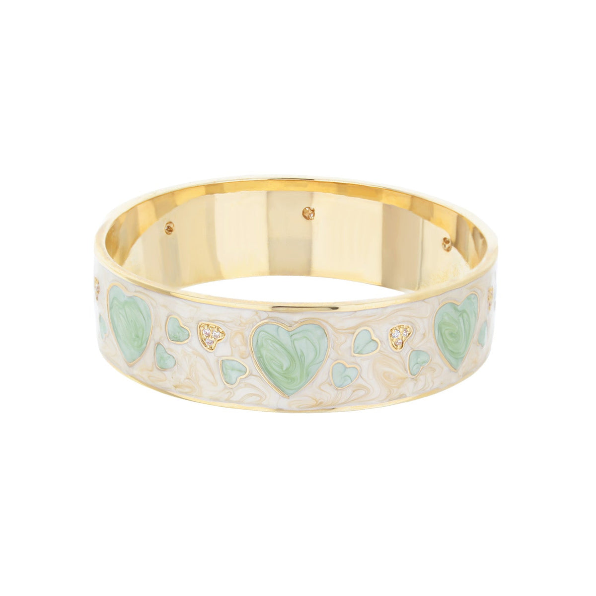 Lots of Love Slip-On Bangle by Lauren G Adams, gold-tone bracelet with mint enamel hearts on Tampa Home & Garden Store
