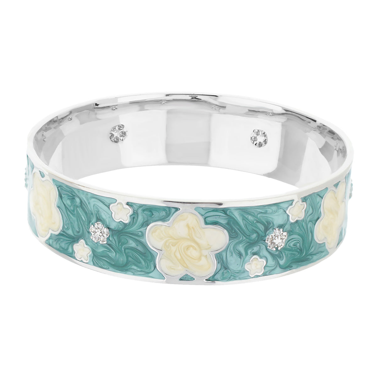 Slip On Stackable Bangle with teal enamel floral pattern and crystal accents, silvertone bracelet on Tampa Home & Garden Store