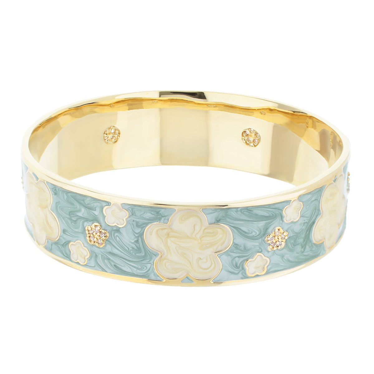 Slip On Stackable Bangle by Lauren G Adams, gold tone teal enamel floral design and crystals on Tampa Home & Garden Store