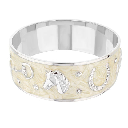 Equestrian Bangle Russet Horse Head with cream marbled panel and crystal accents silver on Tampa Home & Garden Store