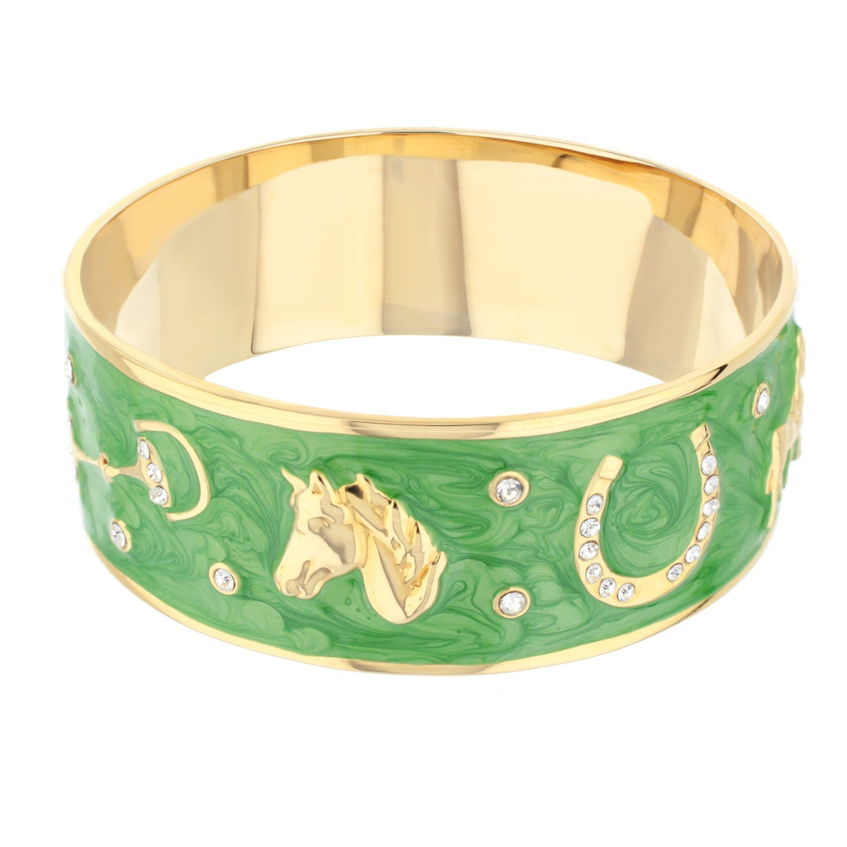 Equestrian Bangle green with gold horse head and crystal accents, slip-on bracelet on Tampa Home & Garden Store