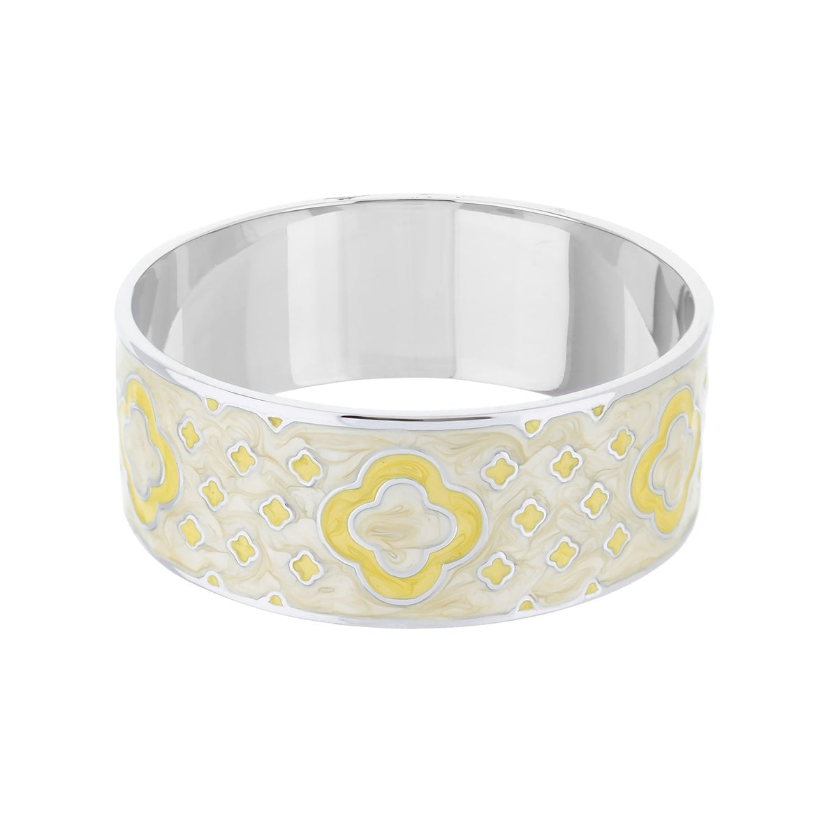 Art Deco Bangle bracelet by Lauren G Adams, wide silver-tone band with yellow enamel motif on Tampa Home & Garden Store