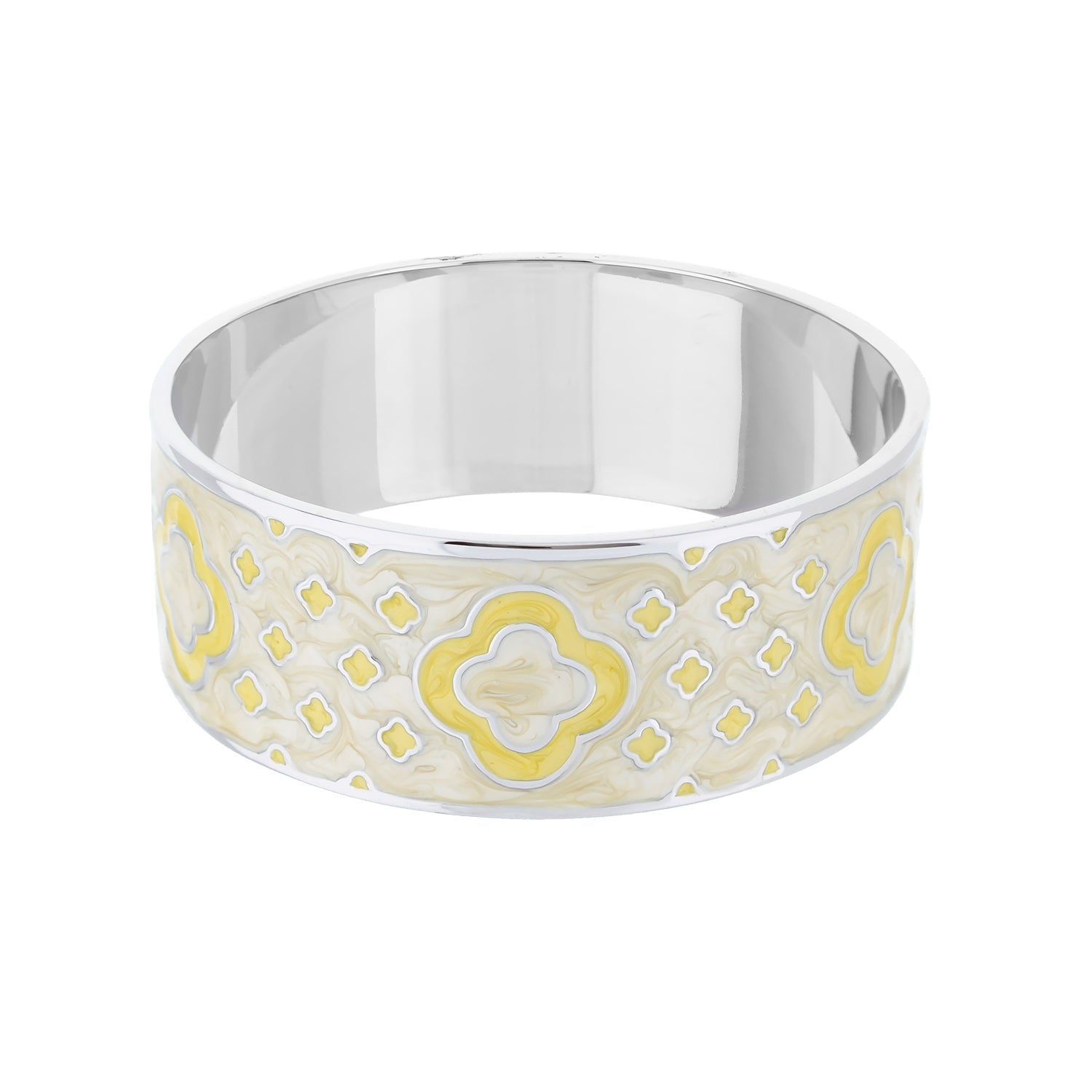 Art Deco Bangle bracelet by Lauren G Adams, wide silver-tone band with yellow enamel motif on Tampa Home & Garden Store