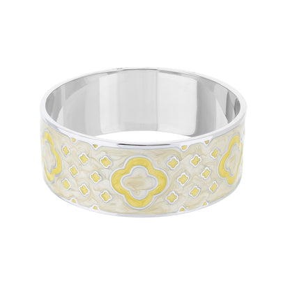 Art Deco Bangle bracelet by Lauren G Adams, wide silver-tone band with yellow enamel motif on Tampa Home & Garden Store