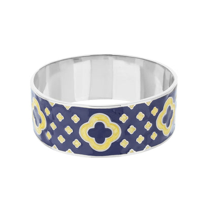 Art Deco Bangle by Lauren G Adams, navy enamel with yellow quatrefoil motifs on Tampa Home & Garden Store