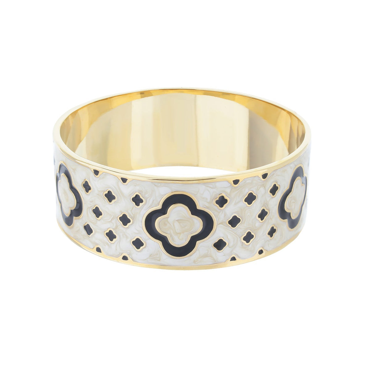 Art Deco Bangle by Lauren G Adams with gold-tone band white enamel and black quatrefoil motifs on Tampa Home & Garden Store