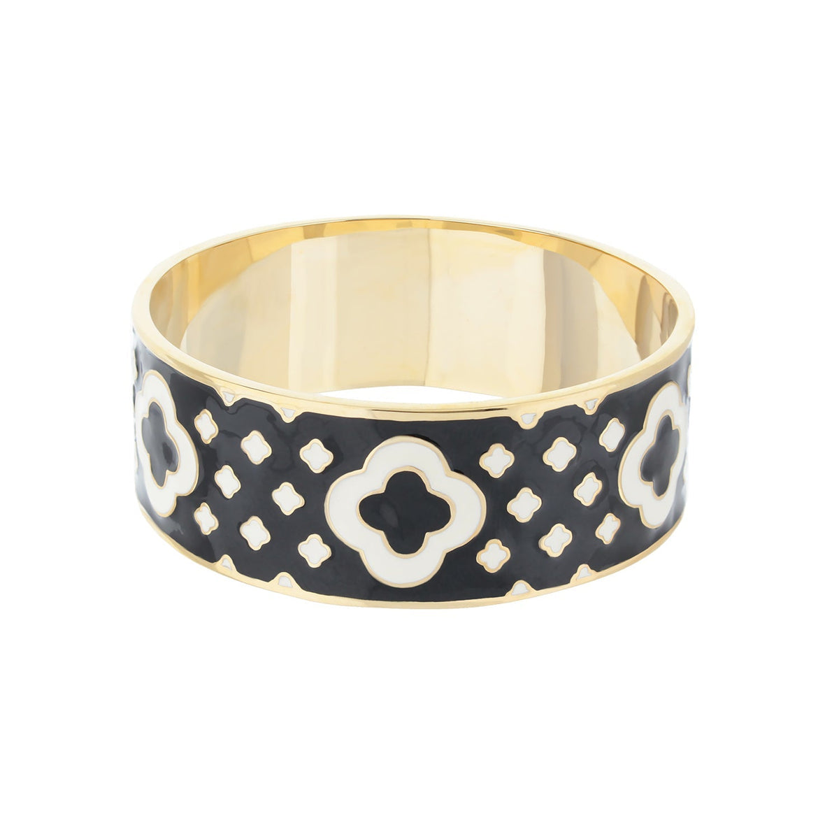Art Deco bangle bracelet by Lauren G Adams in black enamel with gold-tone quatrefoil trim on Tampa Home & Garden Store