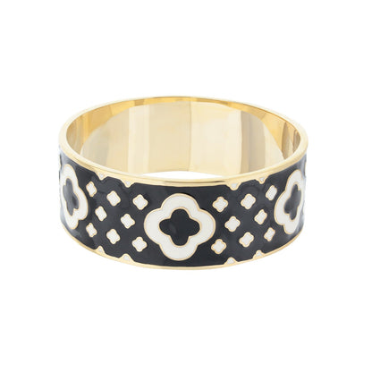 Art Deco bangle bracelet by Lauren G Adams in black enamel with gold-tone quatrefoil trim on Tampa Home & Garden Store