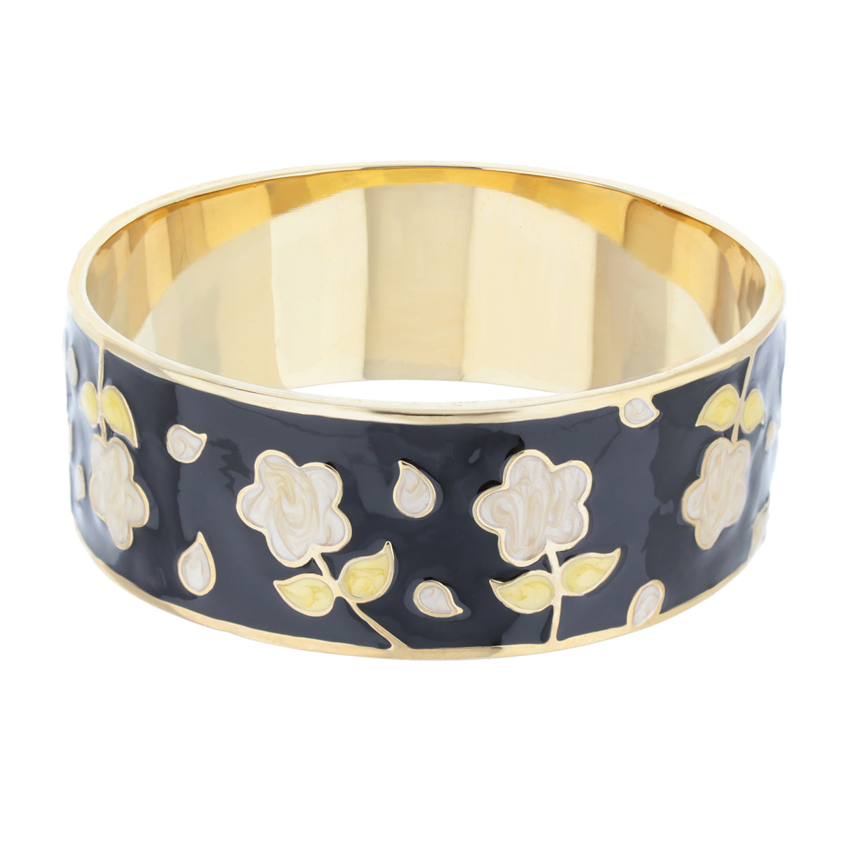 Daisy Love Bangle Wide Blossom navy enamel with gold-tone floral motifs, wide gold interior on Tampa Home & Garden Store