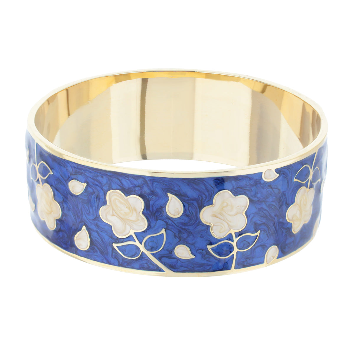 Daisy Love Bangle Wide Blossom bracelet in blue enamel with white floral motifs on gold on Tampa Home & Garden Store