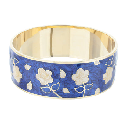 Daisy Love Bangle Wide Blossom bracelet in blue enamel with white floral motifs on gold on Tampa Home & Garden Store