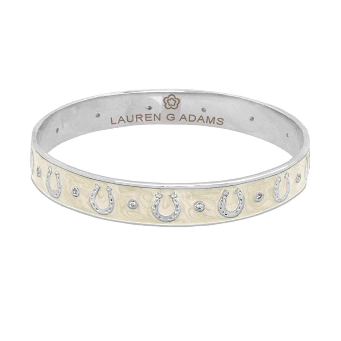 Lauren G Adams Equestrian Horseshoe Bangle slip-on bracelet with horseshoe motif cream flat band on Tampa Home & Garden Store
