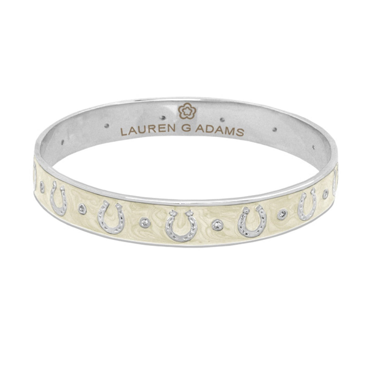 Lauren G Adams Equestrian Horseshoe Bangle slip-on bracelet with horseshoe motif cream flat band on Tampa Home & Garden Store