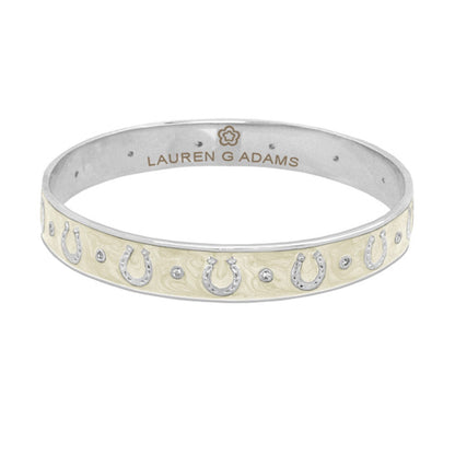 Lauren G Adams Equestrian Horseshoe Bangle slip-on bracelet with horseshoe motif cream flat band on Tampa Home & Garden Store