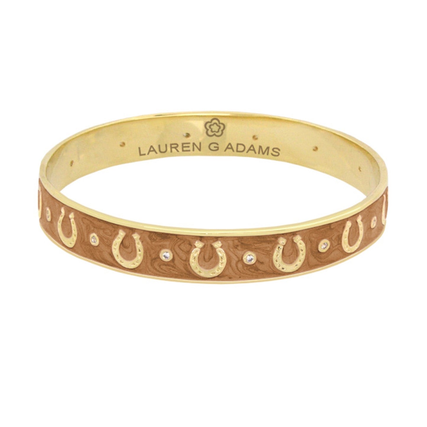 Equestrian horseshoe bangle bracelet by Lauren G Adams, two-tone gold and brown with crystal accents on Tampa Home & Garden Store