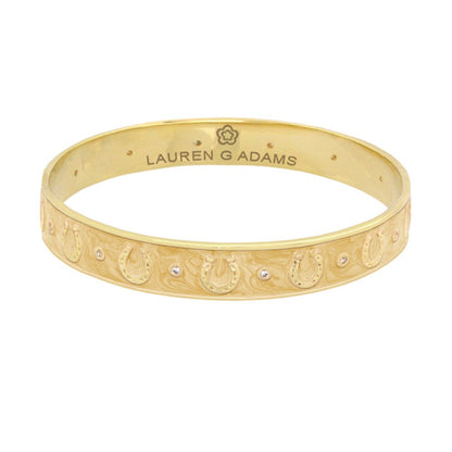 Equestrian horseshoe slip-on bangle by Lauren G Adams, gold tone, flat band with crystal accents on Tampa Home & Garden Store