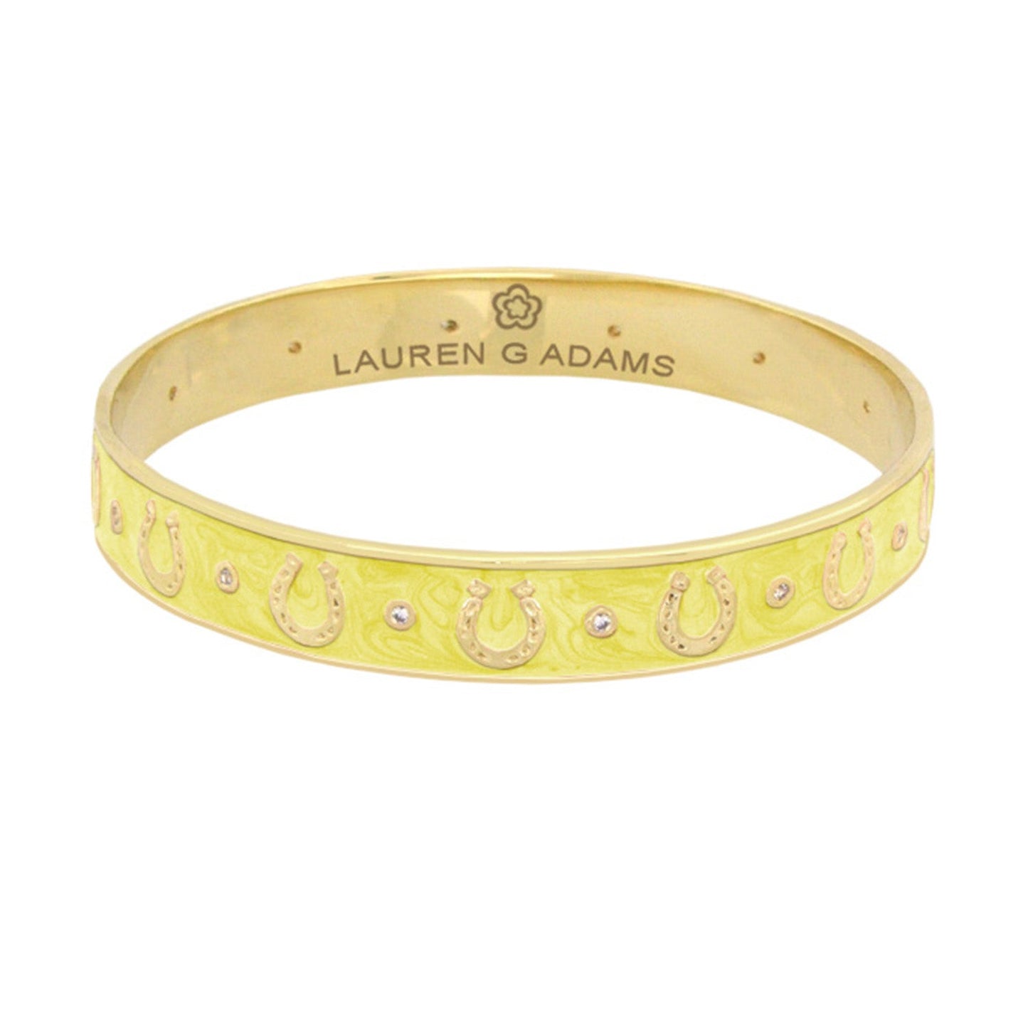 Equestrian Horseshoe Bangle by Lauren G Adams, yellow gold tone with crystal horseshoes on Tampa Home & Garden Store