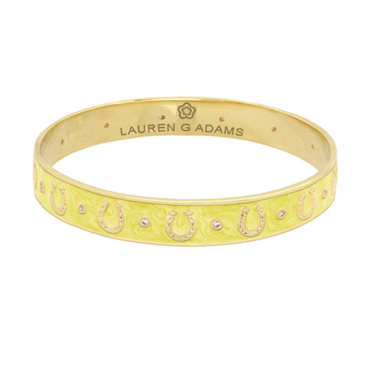 Equestrian Horseshoe Bangle by Lauren G Adams, yellow gold tone with crystal horseshoes on Tampa Home & Garden Store