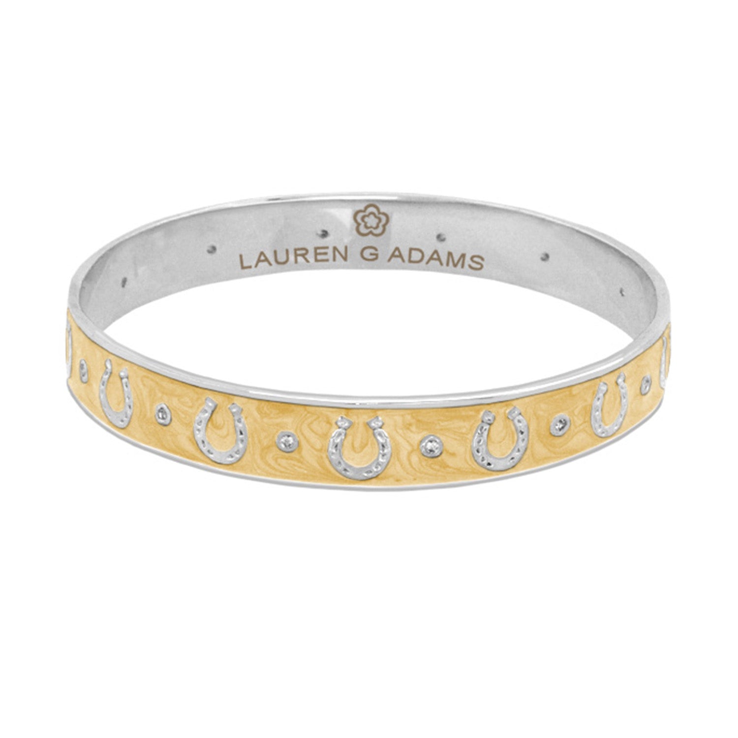 Equestrian Horseshoe Bangle — Flat Band Row; two-tone gold/silver with crystal accents on Tampa Home & Garden Store