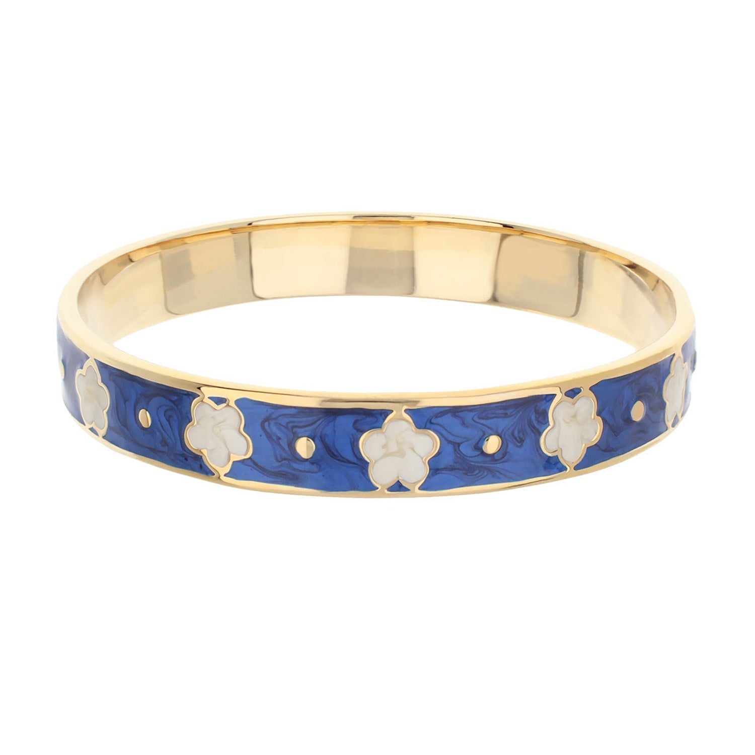 Daisy Love Bangle Petite Flower gold bracelet with blue enamel and white floral accents on Tampa Home & Garden Store