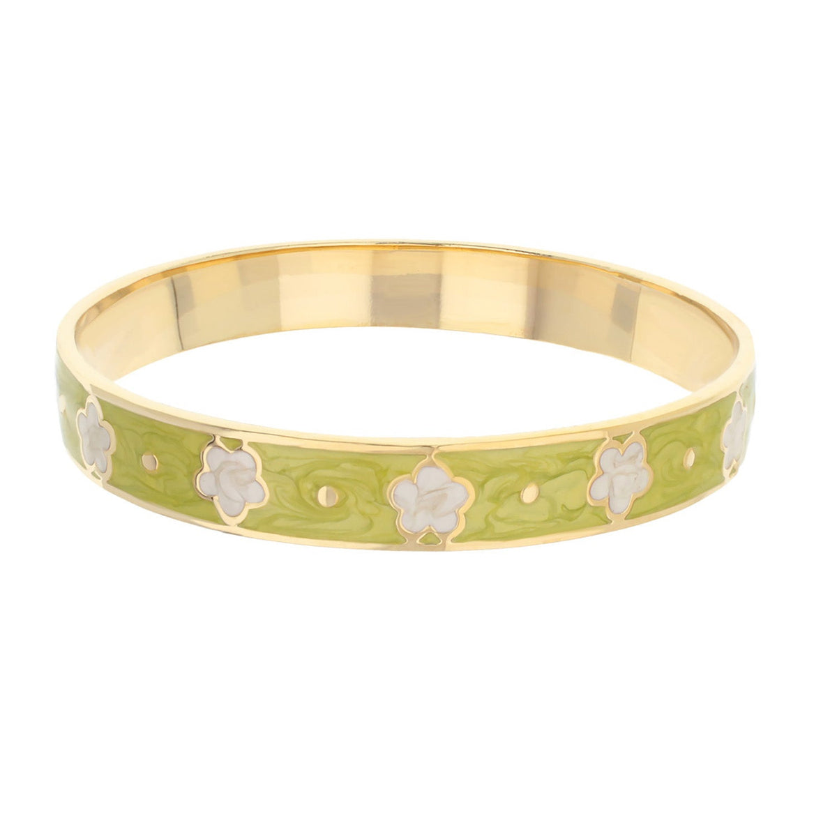 Daisy Love Bangle Petite Flower bracelet in gold with green enamel and white floral accents on Tampa Home & Garden Store
