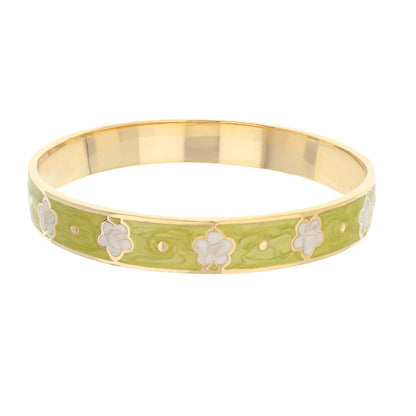 Daisy Love Bangle Petite Flower bracelet in gold with green enamel and white floral accents on Tampa Home & Garden Store
