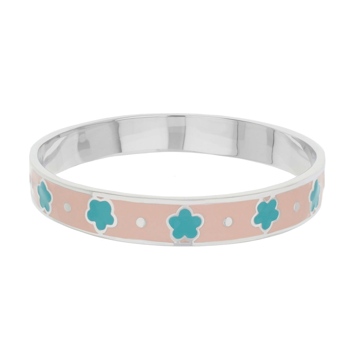 Daisy Love Bangle Petite Flower bracelet by Lauren G Adams, pink band with turquoise flowers, silver-tone on Tampa Home & Garden Store