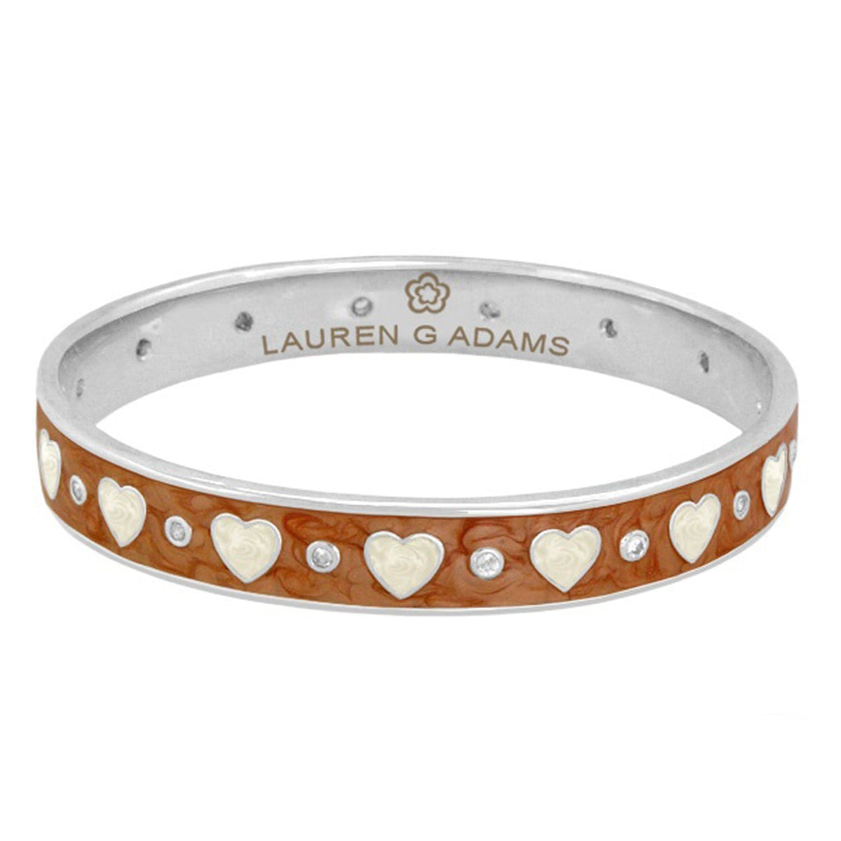Love Bangle bracelet with brown leather band, cream heart motifs and crystal accents by Lauren G Adams on Tampa Home & Garden Store