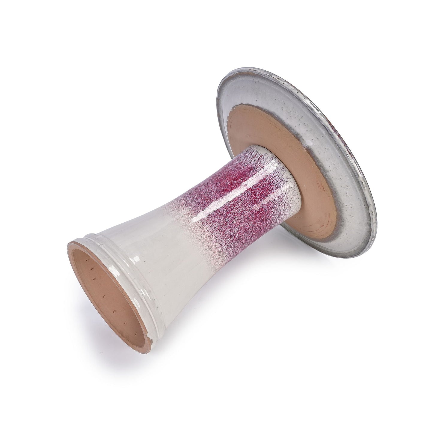 Birdbath in white and pink glazed ceramic with curved rim on Tampa Home & Garden Store