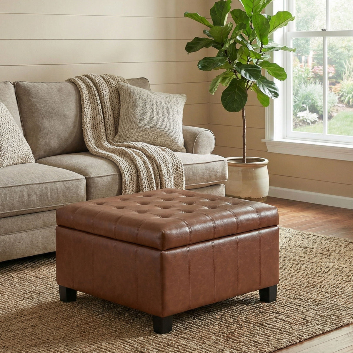 Square tufted storage ottoman with lift-top in dark brown leather, compact cube with tufted lid on Tampa Home & Garden Store
