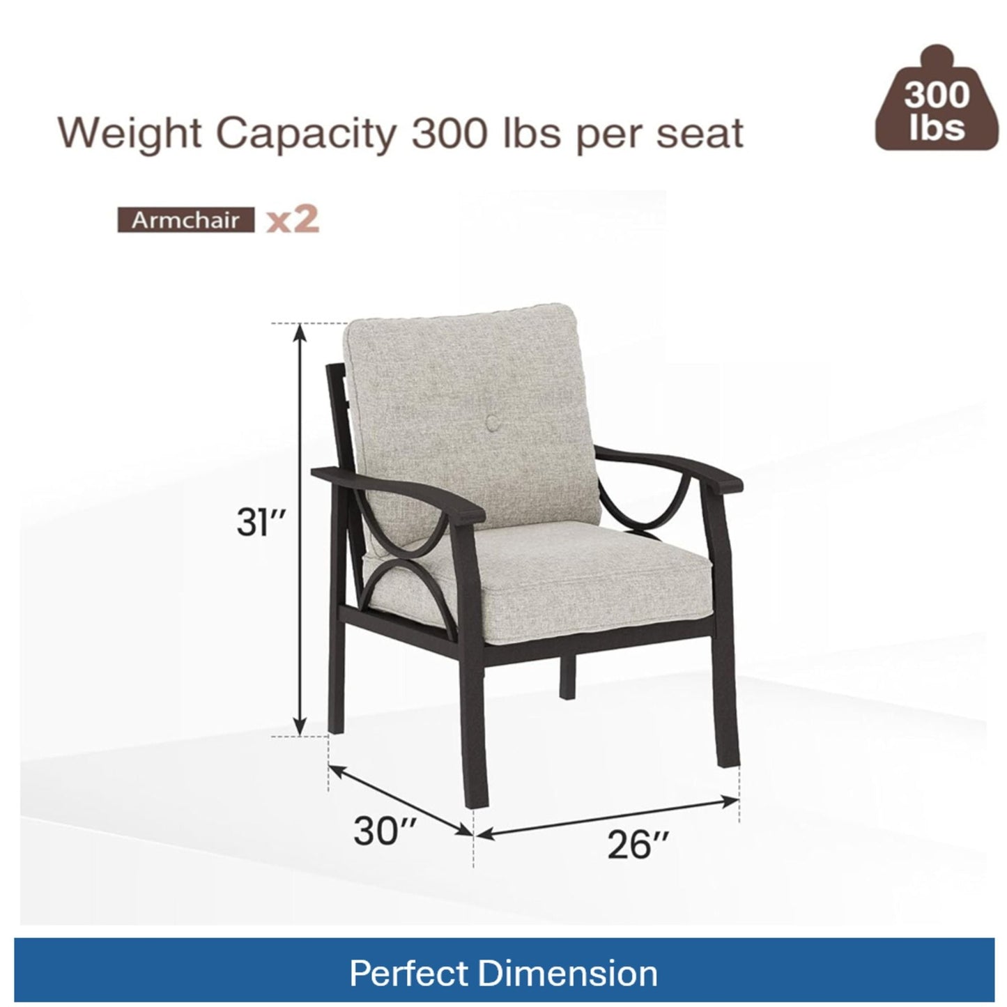 All-Weather Armchairs with Cushions Set of 2, beige cushions on black metal frames outdoors on Tampa Home & Garden Store