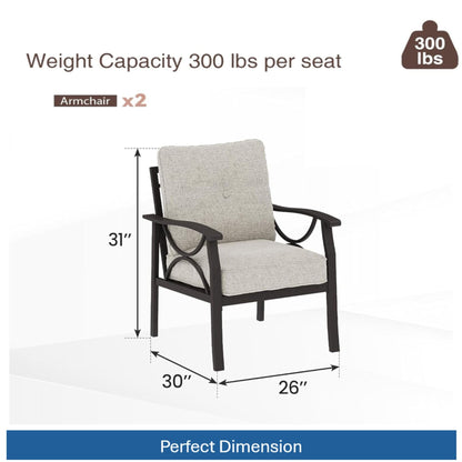 All-Weather Armchairs with Cushions Set of 2, beige cushions on black metal frames outdoors on Tampa Home & Garden Store