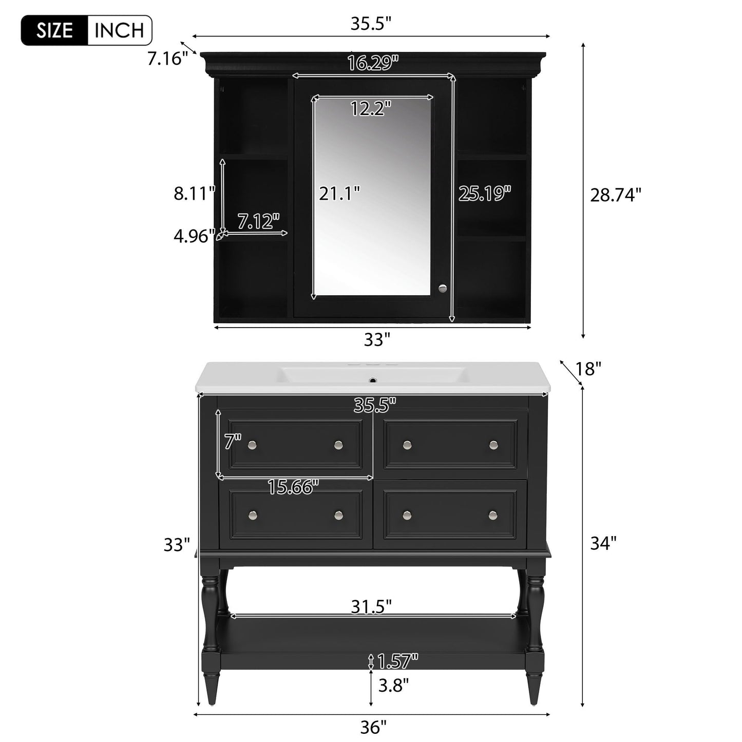 Bathroom vanity with medicine cabinet and mirror, black with four drawers by HouseOfZazla on Tampa Home & Garden Store
