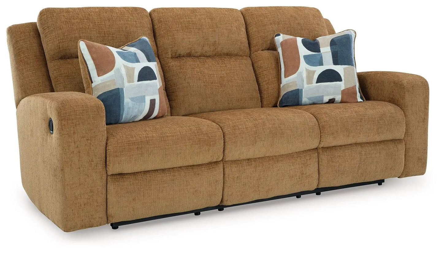 Kanlow reclining three-seat sofa in warm brown fabric with two pillows by Unique Piece Furniture on Tampa Home & Garden Store