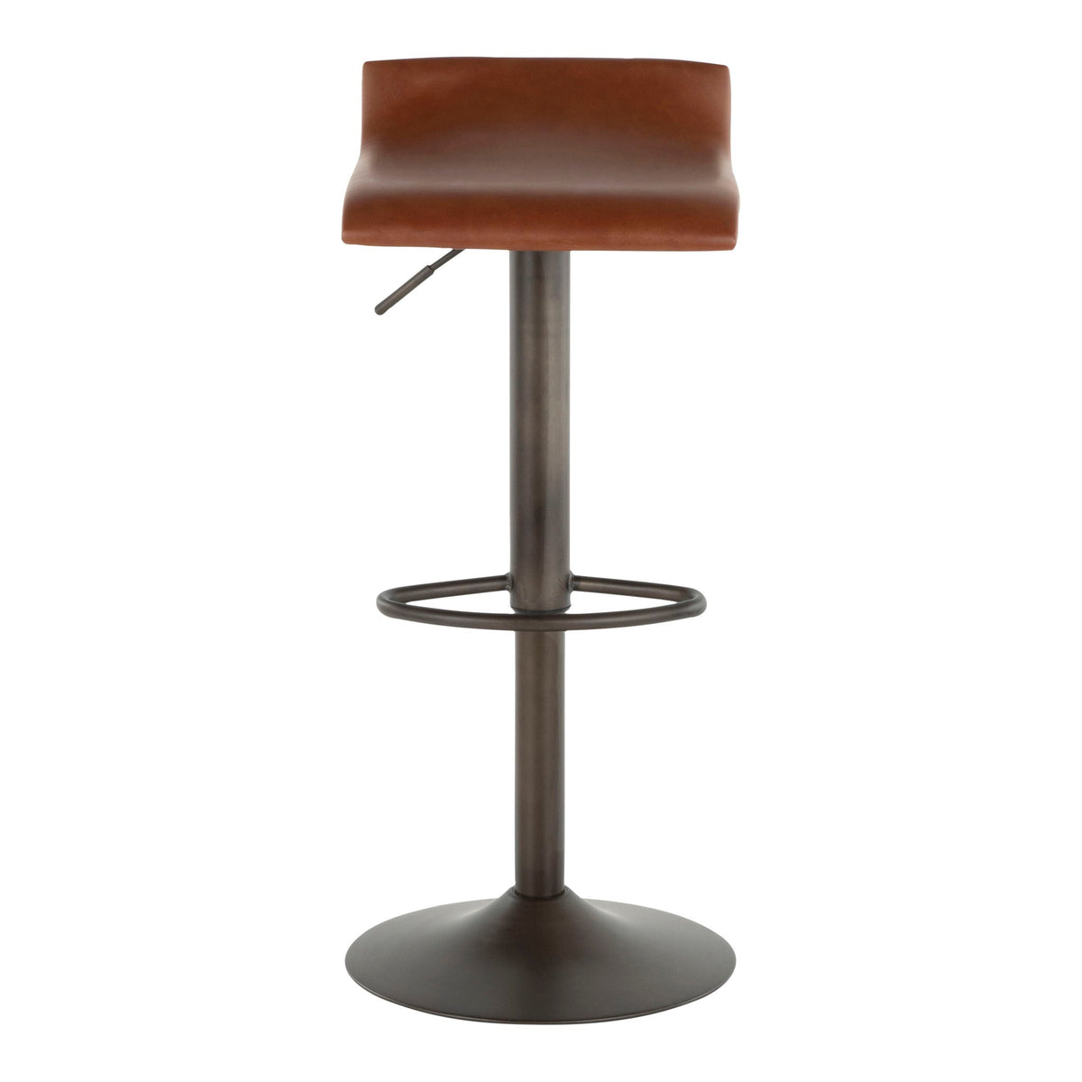 Industrial bar stool with adjustable swivel seat in dark brown leather, metal pedestal ring on Tampa Home & Garden Store